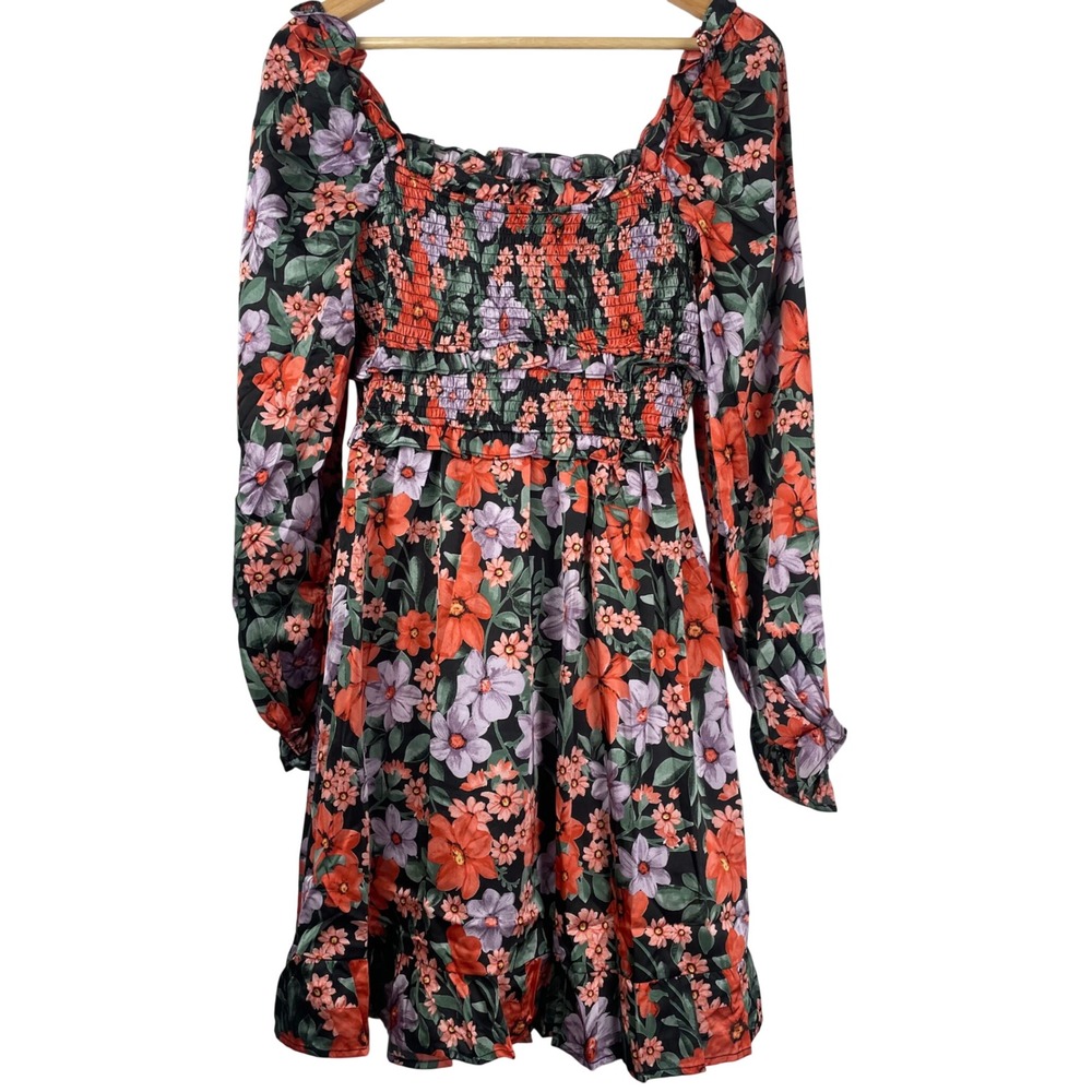 Umgee USA Floral Smocked Mini Dress Orange Purple Long Sleeve Square Neck M NEW